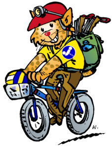 Piirretty kuva pyöräilevästä ilvekksestä, jolla on retkireppu selässä ja lentopallo korissa.